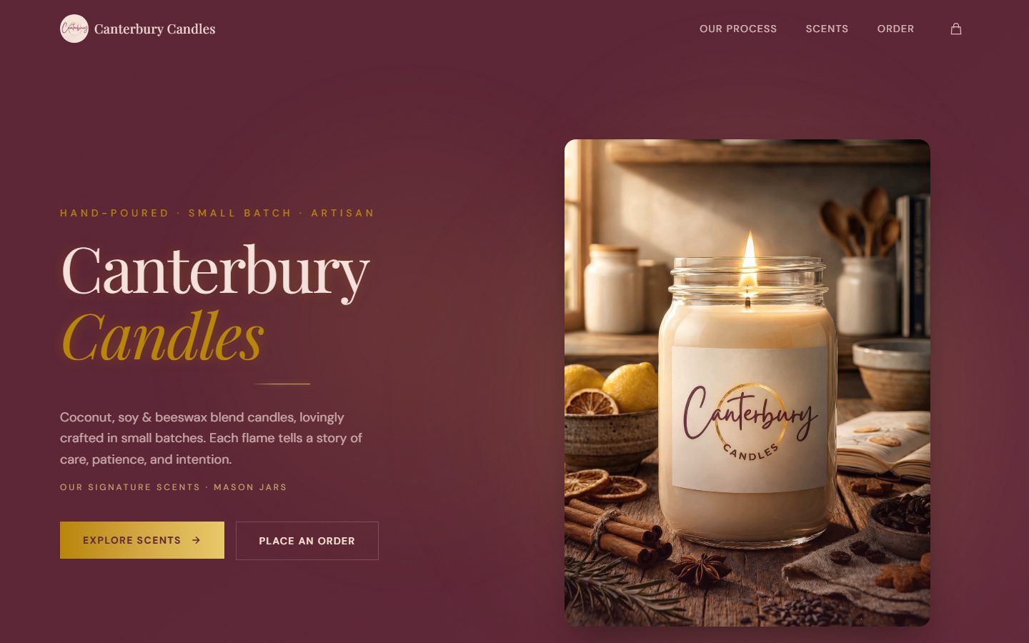 Canterbury Candles homepage with product storytelling and candle imagery.