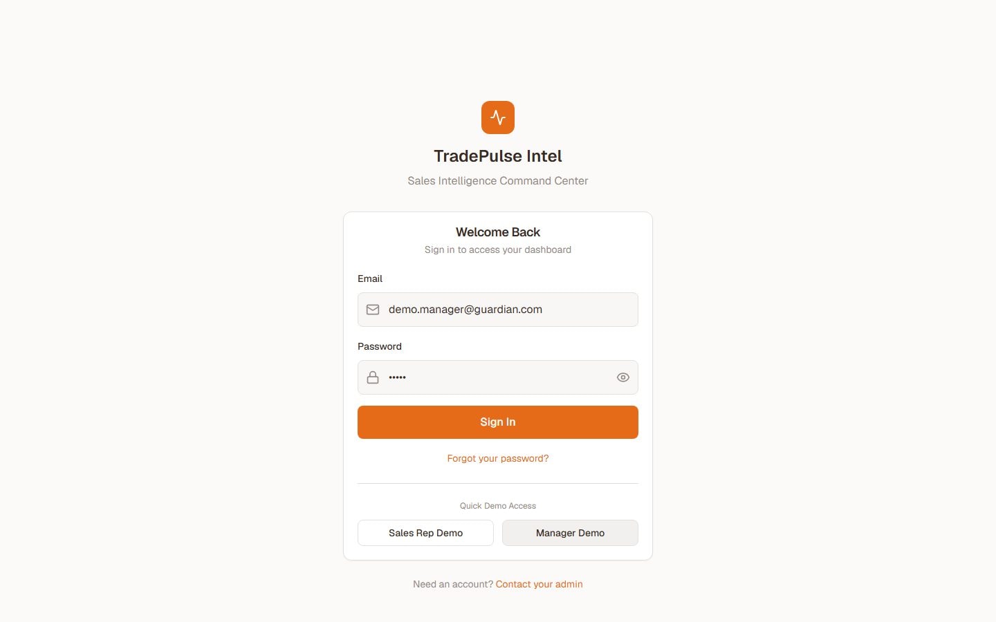 TradePulse Intel demo-access login for a private sales intelligence command center.