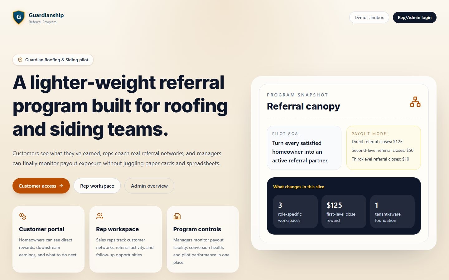 Referral Tree homepage showing customer, rep, and admin referral program workspaces.
